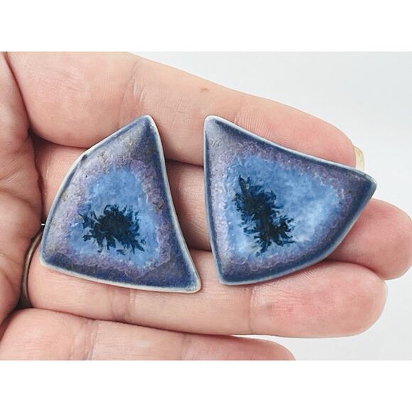 Karla Jordan Triangle Handcrafted Pierced Earrings Purple Ceramic Porcelain Blue - Picture 2 of 13